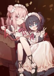  2girls age_difference apron black_dress blue_eyes breasts chair cleavage dress fang hair_ornament happy_sugar_life highres koube_shio long_hair maid maid_apron maidcode1023 mary_janes matsuzaka_satou multiple_girls one_eye_closed one_side_up onee-loli open_mouth pink_eyes pink_hair ribbon shoes sitting sitting_on_lap sitting_on_person slit_pupils smile v white_apron x_hair_ornament yuri 