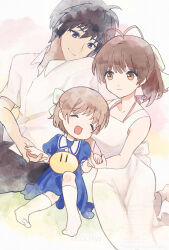  1boy 2girls antenna_hair black_pants blue_dress blue_eyes blue_hair brown_eyes brown_hair child clannad closed_eyes commentary_request dango_daikazoku dress family father_and_daughter furukawa_nagisa hair_ribbon hand_grab highres husband_and_wife kicochiya medium_hair mother_and_daughter multiple_girls okazaki_tomoya okazaki_ushio open_mouth pants ribbon shirt short_hair smile socks watermark white_dress white_ribbon white_shirt white_socks 