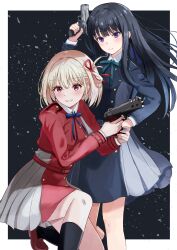  2girls absurdres belt beniyomogi black_hair black_socks blonde_hair blue_belt blue_dress blue_ribbon blush bow brown_shoes closed_mouth commentary dress grey_dress gun hair_ribbon handgun highres holding holding_gun holding_weapon inoue_takina kneehighs kneeling loafers long_hair long_sleeves looking_at_viewer lycoris_recoil lycoris_uniform m1911 multiple_girls neck_ribbon nishikigi_chisato one_side_up open_mouth pleated_dress purple_eyes red_bow red_dress red_eyes red_ribbon ribbon s&amp;w_m&amp;p shadow shoes short_hair sidelocks socks two-tone_dress weapon 