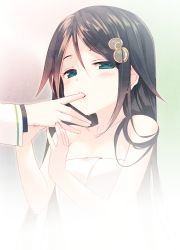 10s 1boy 1girl arikawa_satoru black_hair blue_eyes blush collarbone finger_in_another&#039;s_mouth finger_sucking hair_flowing_over hair_ornament izumi_reina long_hair looking_at_viewer musaigen_no_phantom_world naked_towel open_mouth saliva solo_focus towel very_long_hair rating:Sensitive score:37 user:danbooru