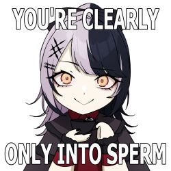  1girl :&gt; absurdres black_capelet black_hair capelet closed_mouth cup daydarion dress english_text grey_hair highres holding holding_cup hololive hololive_english image_macro_(meme) looking_at_viewer meme multicolored_hair official_alternate_costume official_alternate_hairstyle red_dress shiori_novella shiori_novella_(casual) simple_background smile solo split-color_hair teacup two-tone_hair virtual_youtuber white_background yellow_eyes yorick_(shiori_novella) 