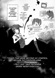  1girl ^^^ ame-chan_(needy_girl_overdose) angry black_hair black_socks cellphone chibi chibi_inset chouzetsusaikawa_tenshi-chan closed_eyes computer_mouse english_text falling full_body greyscale hair_ornament hair_over_one_eye highres holding holding_phone inset_border ixopod light_particles monitor monochrome multiple_views neck_ribbon needy_girl_overdose notification people phone ribbon short_twintails skirt socks suspender_skirt suspenders twintails waving_arms winged_sleeves x_hair_ornament 