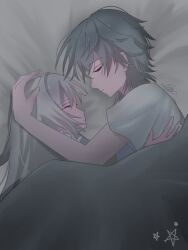  1boy 1girl bed_sheet blush caelus_(honkai:_star_rail) closed_eyes collared_shirt ellypwakame316 firefly_(honkai:_star_rail) frilled_shirt_collar frills grey_hair hair_between_eyes hair_intakes hand_on_another&#039;s_chest hand_on_another&#039;s_head highres honkai:_star_rail honkai_(series) on_bed shirt sleeping star_(symbol) trailblazer_(honkai:_star_rail) under_covers white_shirt 