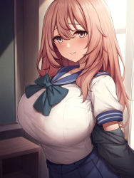 1girl absurdres blue_sailor_collar blue_skirt blush bow bowtie bralines breasts brown_hair chalkboard classroom closed_mouth commentary_request curvy hair_between_eyes highres huge_breasts indoors inui_shinju kannko_bokujou large_breasts long_hair looking_at_viewer sailor_collar school_uniform serafuku shirt shirt_tucked_in short_sleeves skirt solo sono_bisque_doll_wa_koi_wo_suru upper_body white_shirt window rating:Sensitive score:159 user:danbooru