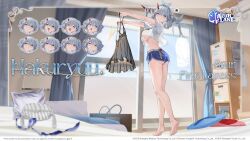  1girl artist_request ass azur_lane barefoot bed blue_shorts breasts cellphone_charm character_name charm_(object) clothes_writing commentary copyright_name curtains day english_commentary feet grey_eyes grey_hair hair_between_eyes hair_on_horn hakuryuu_(azur_lane) hakuryuu_(four_fine_layers)_(azur_lane) highres holding horns indoors lingerie long_hair long_sleeves looking_at_viewer multiple_expressions multiple_views official_alternate_costume official_art outstretched_arms phone_in_pocket pillow promotional_art see-through_clothes shirt short_shorts short_sleeves shorts soles spoken_squiggle squiggle standing tiptoes twisted_torso underboob underbutt underwear v-shaped_eyebrows white_shirt 