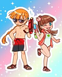  1boy 1girl aitommylove bad_link black_swim_trunks blue_eyes blush brick_(ppg) brown_hair flower gradient_background gradient_swimsuit hair_flower hair_ornament hand_on_own_hip highres jacket leg_up light_frown long_hair looking_at_viewer one-piece_swimsuit one_eye_closed open_clothes open_jacket open_mouth orange_hair ponytail powerpuff_girls red_eyes red_swim_trunks robin_snyder_(ppg) sandals side-by-side smile star_(symbol) sunglasses swimsuit water_gun 