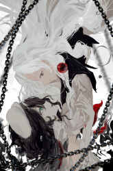  2girls absurdres aqua_eyes black_hair blurry bubble chain chromatic_aberration depth_of_field expressionless eye_contact floating_hair grabbing_another&#039;s_arm grey_eyes hat highres hood hood_down jewelry kumoi_ichirin long_hair long_sleeves looking_at_another mitsusame multiple_girls murasa_minamitsu pale_skin pendant sailor_hat shirt short_hair short_sleeves smile smoke touhou upper_body very_long_hair white_background white_hair white_hat white_shirt yuri 