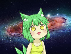 1girl animal_ear_fluff animal_ears bad_id bad_pixiv_id breasts cat_ears cat_girl cat_tail collarbone commentary_request female_focus galaxy greenteaneko greenteaneko-chan highres meme open_mouth original small_breasts solo space space_cat_(meme) star_(sky) tail tank_top upper_body whiskers yellow_eyes yellow_tank_top rating:General score:21 user:danbooru