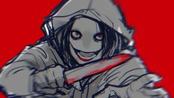 1boy bags_under_eyes black_hair blood bloody_knife constricted_pupils crazy_grin creepypasta glasgow_smile highres holding holding_knife hood hood_up hoodie icekana incoming_attack jeff_the_killer knife motion_blur reaching reaching_towards_viewer red_background red_eyes short_hair simple_background solo white_hoodie 