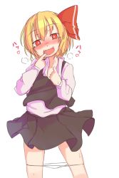 1girl black_skirt blonde_hair blush bow collared_shirt commentary_request cowboy_shot fangs female_focus finger_in_own_mouth furorina hair_bow heart long_sleeves looking_at_viewer nose_blush open_mouth panties panty_pull pleated_skirt red_bow red_eyes rumia saliva shirt short_hair simple_background skindentation skirt skirt_set solo sweat touhou underwear white_background white_panties white_shirt rating:Questionable score:5 user:danbooru