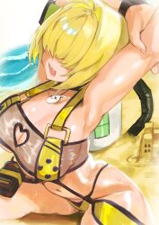  1girl absurdres armpits blonde_hair breasts cleavage commentary elegg_(boom_and_shock)_(nikke) elegg_(nikke) english_commentary goddess_of_victory:_nikke hair_intakes highres hirosenpai large_breasts navel ocean official_alternate_costume open_mouth sand short_hair slingshot_swimsuit solo stomach stretching swimsuit watch wristwatch yellow_slingshot_swimsuit 