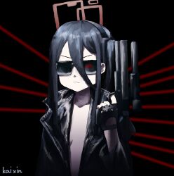  1girl absurdres alternate_costume amt_hardballer_longslide aris_(blue_archive) black_background black_jacket blue_archive breasts cleavage collarbone commentary cosplay fingerless_gloves gloves glowing glowing_eye gun hair_between_eyes halo handgun highres holding holding_gun holding_weapon jacket kai_xin leather leather_jacket long_hair looking_at_viewer movie_poster one_side_up open_clothes open_jacket sidelocks simple_background small_breasts solo sunglasses t-800 t-800_(cosplay) terminator_(series) the_terminator weapon 