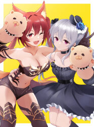  animal_ears armor bikini_armor black_dress bowler_hat breasts cerberus_(shingeki_no_bahamut) cleavage coco_(cygames) dog_ears dress frilled_dress frills gloves grey_hair hat highres jewelry large_breasts long_hair looking_at_viewer mimi_(cygames) mini_hat multiple_girls necklace open_mouth orchis post_guild_war_celebration red_eyes red_hair shadowverse shadowverse:_worlds_beyond shingeki_no_bahamut smile strapless strapless_dress stuffed_toy top_hat twintails 