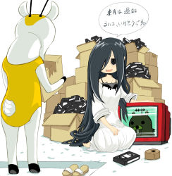  1girl analoguma antlers bad_id bad_pixiv_id black_eyes black_hair box cardboard_box chidejika deer_antlers fujitama_(pixiv33059) hair_over_one_eye horns japan_commercial_broadcasters_association long_hair pedobear tape television the_ring translation_request very_long_hair videocassette yamamura_sadako 