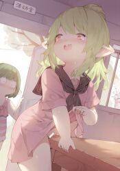  2girls bar_censor censored chinese_commentary clothes_lift commentary_request crotch_rub dress dress_lift female_masturbation final_fantasy final_fantasy_xiv green_hair highres lalafell lifting_own_clothes loli masturbation multiple_girls no_panties open_mouth pink_dress pointy_ears pussy_juice red_eyes table_humping walk-in warrior_of_light_(ff14) zhazhapao 