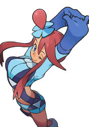 1girl ;) arms_up blue_eyes blue_gloves blue_shirt blue_shorts breasts closed_mouth crop_top elbow_gloves feet_out_of_frame female_focus from_above gloves gym_leader hair_between_eyes hair_bun hair_ornament holster large_breasts long_hair long_sleeves looking_at_viewer midriff mizutani_megumi navel nintendo official_art one_eye_closed own_hands_together pokemon pokemon_bw pouch red_hair shirt short_hair_with_long_locks shorts sidelocks simple_background single_hair_bun skyla_(pokemon) smile solo stomach stretching suspenders thigh_holster thigh_pouch thigh_strap white_background rating:Sensitive score:23 user:danbooru