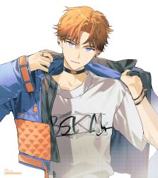  1boy absurdres black_choker blue_eyes blue_jacket bracelet character_name choker collarbone commentary_request cropped_jacket ear_piercing earrings hand_up highres jacket jewelry kitami_yusei kitami_yusei_(2nd_costume) kurohal long_sleeves looking_at_viewer male_focus multicolored_eyes nijisanji official_alternate_costume open_clothes open_jacket orange_hair parted_bangs parted_lips piercing pink_eyes print_shirt putting_on_jacket ring shirt short_hair simple_background solo t-shirt two-tone_eyes upper_body virtual_youtuber white_background white_shirt 
