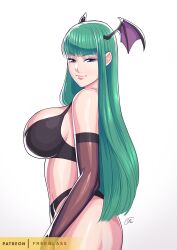  1girl absurdres artist_name bat_wings black_bra bra breasts capcom cover demon_girl freeglass from_side gloves green_eyes green_hair highres large_breasts legs long_hair looking_at_viewer morrigan_aensland panties pink_lips seductive_smile sideboob smile solo thick_thighs thighs underwear darkstalkers wings  rating:Sensitive score:6 user:spk