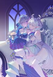  2girls absurdres bare_shoulders blue_dress blush breasts chinese_commentary commentary_request demon_girl demon_horns demon_tail demon_wings dress duel_monster food green_eyes highres horns instant_fusion kitkallos_(yu-gi-oh!) large_breasts long_hair lovely_labrynth_of_the_silver_castle multiple_girls multiple_wings pointy_ears popcorn rare_lemon sitting tail tearlaments_kitkallos tiara transparent_wings white_dress white_wings wings yu-gi-oh! yuri 