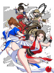  4girls :d antenna_hair arm_guards bandaged_arm bandages bandana black_hair bodysuit breasts brown_bandana brown_eyes choker cleavage collarbone commentary_request crossover dead_or_alive fatal_fury fingernails fishnets folding_fan hairstyle_connection hand_fan high_ponytail hip_vent holding holding_fan ibuki_(street_fighter) kasumi_(doa) kodachi kunai kunoichi_day large_breasts looking_at_viewer mask mouth_mask multiple_crossover multiple_girls ninja ninja_mask open_mouth panties pelvic_curtain ponytail power_connection red_bodysuit revealing_clothes shiranui_mai short_sword sideboob signature sleeveless sleeveless_bodysuit smile soul_calibur street_fighter sword taki_(soulcalibur) thighhighs trait_connection underwear weapon white_choker yonecchi  rating:Sensitive score:14 user:danbooru