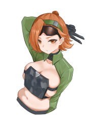  1girl absurdres arm_behind_head arm_up balthilde_(girls&#039;_frontline_2) belly_grab black_gloves breasts closed_mouth commentary_request eyewear_on_head girls&#039;_frontline girls&#039;_frontline_2:_exilium gloves goggles green_shrug hair_over_one_eye highres large_breasts looking_at_viewer lord-erica mole mole_under_eye navel short_hair shrug_(clothing) simple_background skindentation solo stomach underboob upper_body v v-shaped_eyebrows white_background 