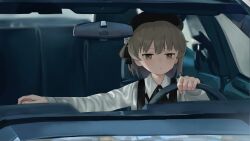  1girl absurdres beret black_hat black_ribbon brown_eyes brown_hair car closed_mouth collared_shirt commentary_request drive_(movie) driving flower hair_flower hair_ornament hair_ribbon hat hatoba_tsugu highres jitome long_sleeves looking_at_viewer medium_hair mimizu_ningen mole mole_under_eye motor_vehicle neck_ribbon outdoors outstretched_arm parody ribbon rose shirt solo steering_wheel suspenders tsugu_(vtuber) upper_body virtual_youtuber white_flower white_rose white_shirt 