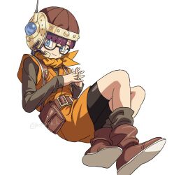  1girl belt bike_shorts black_shorts blue_eyes blunt_bangs blunt_ends boots brown_belt brown_boots brown_shirt chrono_trigger closed_mouth crossed_ankles floating full_body glasses headset helmet hosodayo long_sleeves lucca_ashtear necktie orange_necktie orange_tunic own_hands_together parted_bangs purple_hair shirt short_hair shorts smile solo suspenders tunic twitter_username white_background 