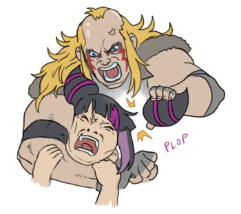  1boy 1girl alex_(street_fighter) angry blonde_hair blue_eyes choke_hold d: fighting hair_horns han_juri open_mouth simple_background strangling street_fighter street_fighter_6 wallace_pires white_background widow&#039;s_peak 