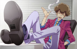  1boy afro arsene_lupin_iii arsene_lupin_iii_(cosplay) brown_hair cigarette cosplay excel_saga formal_clothes jacket lupin_iii male_focus nabeshin necktie nyoro_(nyoronyoro000) red_jacket smoking solo suit yellow_necktie 
