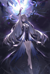  1girl absurdres arm_up armpits bare_shoulders barefoot black_dress blonde_hair blue_eyes breasts chibi chinese_commentary commentary_request crown_of_thorns dress feet fleurdelys_(wuthering_waves) hair_spread_out highres horns large_breasts legs long_hair looking_at_viewer pointy_ears presenting_armpit revision single_horn solo tabard toes very_long_hair white_tabard wuthering_waves yellow_horns zxcould23 