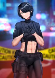 1girl abs belt black_hair car caution_tape gloves gun handgun highres hololive motor_vehicle muscular muscular_female oozora_subaru pistol police police_car police_uniform pouch ryo_(ryo_artys) short_hair suspenders thick_thighs thighs toned virtual_youtuber weapon rating:Sensitive score:24 user:danbooru