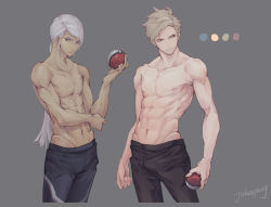  2boys abs black_pants blanche_(pokemon) blonde_hair blue_eyes brown_eyes closed_mouth collarbone commentary cowboy_shot dark-skinned_male dark_skin english_commentary genderswap genderswap_(ftm) grey_background groin holding holding_poke_ball jokerpang long_hair looking_at_viewer looking_to_the_side male_focus multiple_boys navel nintendo nipples pants photoshop_(medium) poke_ball poke_ball_(basic) pokemon pokemon_go short_hair signature simple_background smile spark_(pokemon) standing toned toned_male topless_male veins white_hair 