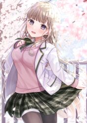  1girl absurdres arm_at_side black_pantyhose blazer blush breasts brown_hair brown_ribbon brown_skirt buntason_(buritarooooo) cherry_blossoms collared_shirt commentary cowboy_shot dappled_sunlight day floating_clothes floating_hair flower grey_eyes hand_on_own_chest hand_up highres jacket large_breasts long_hair long_sleeves looking_at_viewer miniskirt neck_ribbon open_clothes open_jacket open_mouth original outdoors pantyhose pink_flower pink_sweater plaid_clothes plaid_skirt pleated_skirt pocket ribbon running school_uniform shirt skirt smile solo spring_(season) straight_hair sunlight sweater symbol-only_commentary teeth upper_teeth_only v-shaped_eyebrows white_jacket white_shirt wing_collar 
