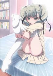 1girl absurdres aino_pekonen akata_itsuki antenna_hair bed blush brown_hair clothes_pull dressing feet female_focus foot_focus foreshortening green_hair highres kokoro_navi panties pantyhose pantyhose_pull pantyshot sock_pull solo twintails underwear white_pantyhose rating:Questionable score:63 user:danbooru