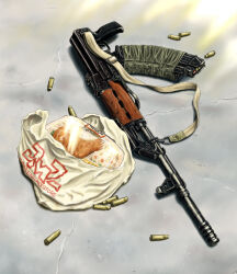  assault_rifle bag english_text grocery_bag gun gun_sling jungle_style kalashnikov_rifle no_humans original plastic_bag rifle sao_satoru shell_casing shopping_bag tv_dinner weapon zastava_m70 