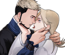  2boys androgynous arm_up belt belt_buckle blonde_hair blue_eyes buckle coat earrings eye_contact facial_hair goenitz hair_behind_ear hand_on_another&#039;s_back hand_on_another&#039;s_chin hexermer highres jewelry long_sleeves looking_at_another male_focus medium_hair multicolored_hair multiple_boys parted_lips piercing profile saiki_(kof) short_hair simple_background stud_earrings teeth the_king_of_fighters tongue tongue_out two-tone_hair upper_body upper_teeth_only white_background wrist_belt yaoi 