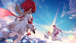  3girls absurdres ancient_greek_clothes angel_wings armlet bad_link bare_shoulders belt black_gloves blue_eyes blue_sky boots bracelet breasts cloud cloudy_sky dress dutch_angle falling_petals field flower flower_field game_cg gloves greco-roman_clothes hair_between_eyes hair_flower hair_ornament hair_over_one_eye hairband high_heels highres holding_hands honkai:_star_rail honkai_(series) jewelry long_hair looking_at_viewer multiple_girls official_art one_side_up open_mouth petals pointy_ears red_hair short_hair sky smile sunlight thigh_strap trianne_(honkai:_star_rail) tribbie_(honkai:_star_rail) tribios_(honkai:_star_rail) waving white_boots white_dress white_flower wings 