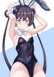  1girl absurdres animal_ear_hairband animal_ears armpits black_hair black_leotard blue_archive bow bowtie breasts commentary covered_navel detached_collar double_bun english_commentary fake_animal_ears hair_bun hairband highres kisaki_(blue_archive) leotard long_hair playboy_bunny rabbit_ears rabbit_pose saltywetspirit small_breasts solo strapless strapless_leotard twintails white_bow white_bowtie wrist_cuffs 