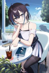  1girl ahoge belt black_hair black_nails blue_hair book bracelet buckle cellphone chair character_name cityscape clothes_down commentary commentary_request copyright_notice cup double-parted_bangs drink drinking_straw earrings english_commentary fingernails glasses grey_eyes hair_ribbon half_updo hand_on_own_face highres indie_virtual_youtuber jewelry light_blush looking_at_viewer mole mole_under_eye multicolored_hair necklace official_art on_chair open_mouth outdoors phone ribbon second-party_source short_hair single_sock single_thighhigh sitting smartphone smile socks solo spaghetti_strap streaked_hair suspenders thighhighs tokiti tree virtual_youtuber yubari_rei 