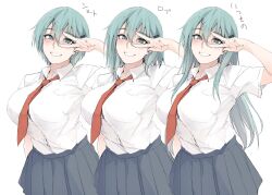  3girls alternate_hair_length alternate_hairstyle aqua_eyes aqua_hair blush breasts commentary grey_skirt hair_between_eyes hair_ornament hairclip highres kantai_collection large_breasts long_hair looking_at_viewer medium_hair multiple_girls multiple_persona necktie orange_necktie school_uniform shirt short_hair skirt smile suzuya_(kancolle) upper_body w w_over_eye white_background white_shirt zekkyon 