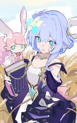  1girl blue_eyes blue_hair book breasts chinese_commentary coat commentary_request company_connection cyrene_(honkai:_star_rail) dress hair_ornament herrscher_of_corruption highres holding holding_book honkai:_star_rail honkai_(series) honkai_impact_3rd inoue_marina jewelry looking_at_viewer mem_(honkai:_star_rail) multicolored_hair necklace open_mouth outdoors pink_fur pointy_ears purple_coat small_breasts tulip_(lofter_012676435048) two-tone_hair voice_actor_connection wheat wheat_field white_dress white_hair 