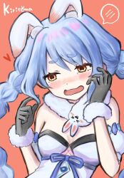  1girl animal_ear_fluff animal_ears bare_shoulders black_gloves black_leotard blue_hair blush braid breasts commentary_request detached_sleeves don-chan_(usada_pekora) dress ear_blush ears_down fur-trimmed_gloves fur_trim gloves hands_up heart highres hololive kiritoma leotard long_hair nose_blush open_mouth puffy_short_sleeves puffy_sleeves rabbit_ears red_background red_eyes short_eyebrows short_sleeves signature simple_background small_breasts solo spoken_blush strapless strapless_dress strapless_leotard thick_eyebrows twin_braids twintails upper_body usada_pekora usada_pekora_(1st_costume) very_long_hair virtual_youtuber white_dress white_sleeves 