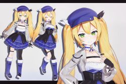  1girl absurdres blonde_hair blue_hat dokibird_(vtuber) dokibird_(vtuber)_(retro_doki) dress green_eyes hat highres indie_virtual_youtuber jacket karakuripower long_hair long_sleeves open_mouth smile twintails virtual_youtuber 