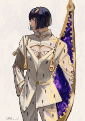  1boy arm_at_side bare_pectorals black_hair blue_eyes blunt_bangs blunt_ends bob_cut bruno_bucciarati center_opening chest_tattoo cleavage_cutout closed_mouth clothing_cutout cowboy_shot formal_clothes hair_ornament hairclip hand_in_pocket heart heart_tattoo high_collar highres jojo_no_kimyou_na_bouken long_sleeves looking_afar male_focus mature_male no_ears nose null_(skev7724) pale_skin pants patterned_clothing pectorals portal_(object) short_hair sidelocks simple_background solo suit tattoo two-tone_background vento_aureo white_background white_pants white_suit zipper zipper_pull_tab 