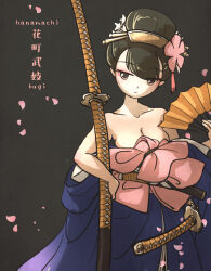 1girl black_background black_eyes black_hair breasts closed_mouth collarbone commentary english_commentary flower folding_fan geisha hair_flower hair_ornament hand_fan highres holding holding_fan ironlily japanese_clothes katana kimono large_breasts looking_at_viewer no_pupils off_shoulder ootachi original petals pink_petals sheath sheathed simple_background solo sword wakizashi weapon 