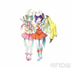 2girls absurdres alternate_costume animal_ears animal_hat ankle_lace-up blue_footwear blue_legwear blunt_bangs bow bow_legwear braid capelet carrot_necklace coattails collarbone cross-laced_clothes cross-laced_legwear dragon_girl dragon_wings dragonstone dress fake_animal_ears fire_emblem fire_emblem:_the_sacred_stones fire_emblem_awakening fire_emblem_heroes flat_chest floral_print flower gloves green_hair green_wings hair_flower hair_ornament hair_tie hat high-waist_skirt high_heels highres holding holding_wand jewelry lapels light_smile long_hair magical_girl miniskirt miwabe_sakura multi-tied_hair multicolored_legwear multiple_girls myrrh_(fire_emblem) nah_(fire_emblem) necklace nintendo official_alternate_costume official_art orange_bow orange_dress pale_skin pantyhose pink_scarf pink_skirt pointy_ears polka_dot purple_eyes purple_hair rabbit_ears rabbit_hat red_eyes ribbon scarf see-through_clothes short_dress skirt sleeveless sunflower twin_braids twintails vest wand white_gloves white_pantyhose wings yellow_vest yellow_wings rating:General score:7 user:PokaraNoOobabasama