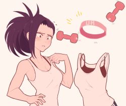  10s 2girls alternate_costume animated animated_gif bare_shoulders black_bra blush boku_no_hero_academia bra breasts brown_eyes cleavage collarbone dumbbell hagakure_toru headband invisible long_hair medium_breasts multiple_girls pants ponytail sally_(luna-arts) sideboob simple_background sports_bra strap_pull tank_top track_pants underwear upper_body white_background yaoyorozu_momo  rating:Sensitive score:89 user:danbooru