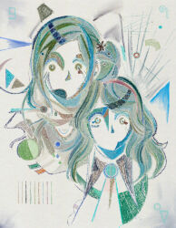  2girls abstract aged_down artist_name chippycore closed_mouth collar commentary dual_persona english_commentary faux_traditional_media hair_bun highres kurashiki_akane kyokugen_dasshutsu kyokugen_dasshutsu:_9_jikan_9_nin_9_no_tobira long_hair looking_at_viewer multiple_girls no_mouth portrait scarf signature single_hair_bun single_side_bun variant_set white_background 