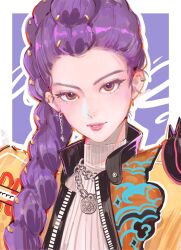  1girl border braid brown_eyes chain chain_earrings chain_necklace clivenzu earrings hair_over_one_eye highres jacket jewelry kpop_demon_hunters light_blush long_hair looking_at_viewer multiple_earrings necklace parted_lips portrait purple_background purple_hair rumi_(kpop_demon_hunters) shoulder_spikes single_braid spikes sweater turtleneck turtleneck_sweater upper_body white_border white_sweater yellow_jacket 