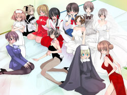 6+girls animal_ears bad_anatomy blush cheerleader china_dress chinese_clothes cleavage_cutout clothing_cutout dress fake_animal_ears flight_attendant formal_clothes genderswap genderswap_(mtf) high_heels japanese_clothes leotard maid mashiro_yuu miko multiple_girls nun nurse pantyhose playboy_bunny poorly_drawn rabbit_ears red_dress school_uniform serafuku sitting travel_attendant wedding_dress white_dress rating:Sensitive score:14 user:danbooru